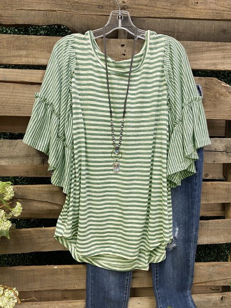 Half Sleeve Striped Casual Shift Tops, Green, T-Shirts