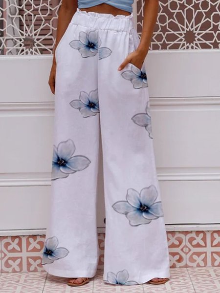 

Floreale Casuale Pantaloni Misto Cotone, Bianco, Pants