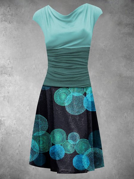 

Summer Casual Stitching Geometric Contrast Color Polka Dot Knitting Short Sleeve Geometric Floral-Print Knitting Dress, Lake blue, Floral Dresses