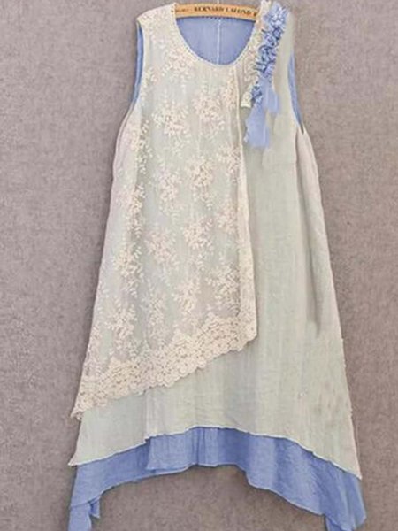 

A-line Patchwork senza maniche Casuale Gonna, Blu, Casual Dresses