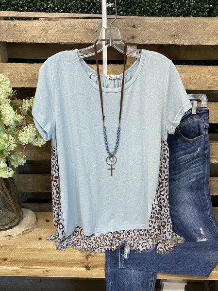 

Leopard Casual Short Sleeve Shirts & Tops, Light blue, Tops