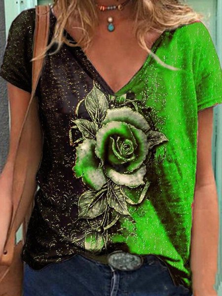 

Short Sleeve Casual V Neck Tops, Green, T-Shirts