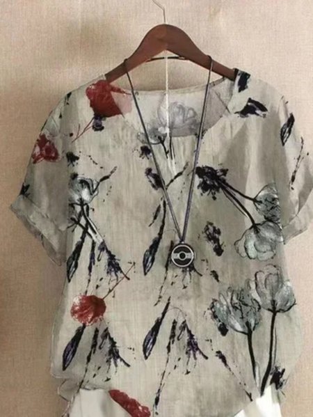 

Women Crew Neck Floral Buttoned Roll Up Short Sleeve Top, As picture, Tees & T-shirts