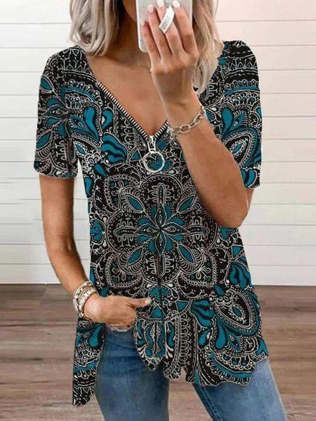 

Printed Casual Short Sleeve Shirts & Tops, Multicolor, Tops