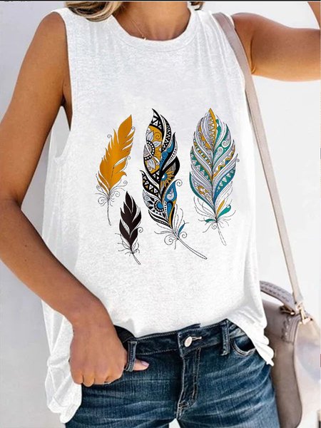 

Feather Print Batwing Sleeve Tee, White, Tank Tops