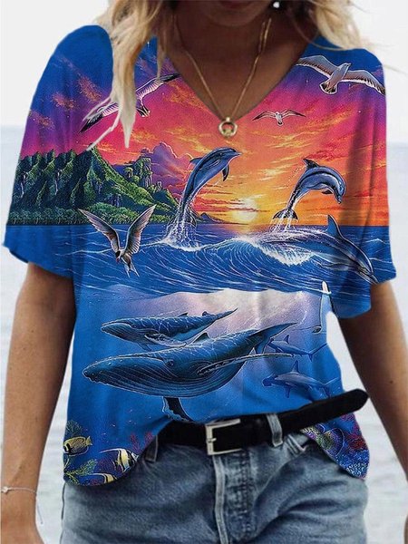 

Short Sleeve Shift Casual Tops, Blue, T-Shirts