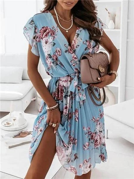 

Floreale Maniche Corte A-line Stampato Poliestere Scollo a V Vacanza Ricorrere Estate Blu Abito, Dresses