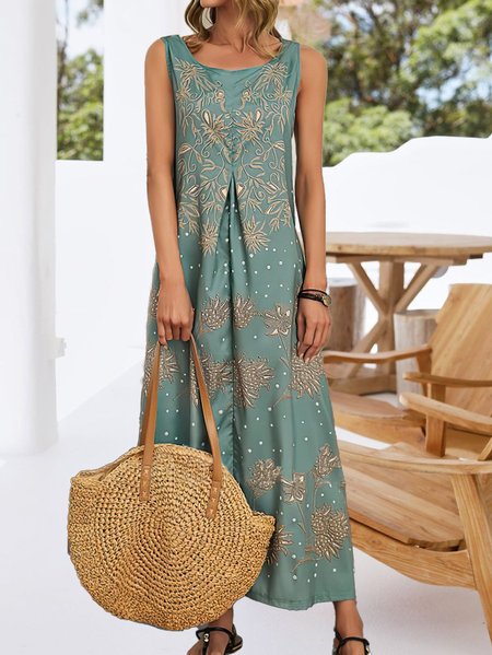

Casual Holiday Sleeveless Casual Floral Floral Tribal Weaving Dress, Light green, Boho dresses