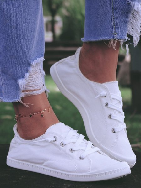 

Women's Lace-up Closed Toe Cotton Flat Heel Sneakers, White, Shoes
