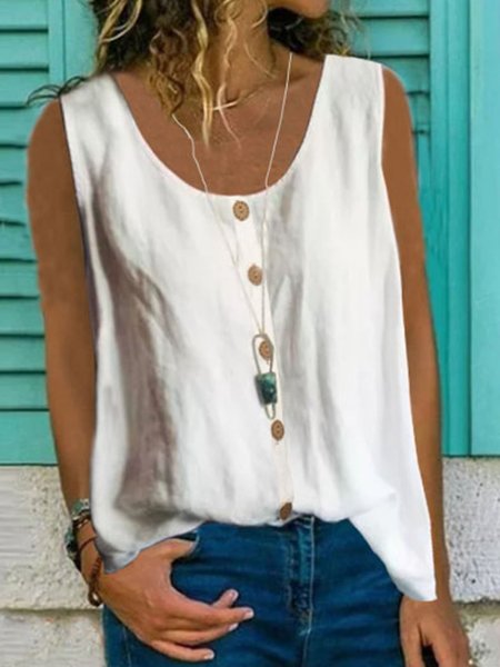 

Casual Plain Cotton-Blend Shift Shirts & Tops, White, Tops