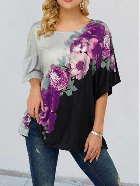 

Misterioso Viola Rosa Mezza Manica Misto Cotone Dritto Floreale Top, Blouses & Shirts