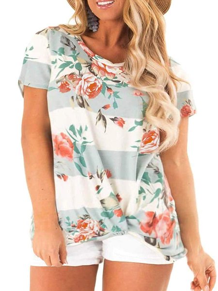 

Short Sleeve Cotton Floral Casual T-shirt, Multicolor, T-Shirts