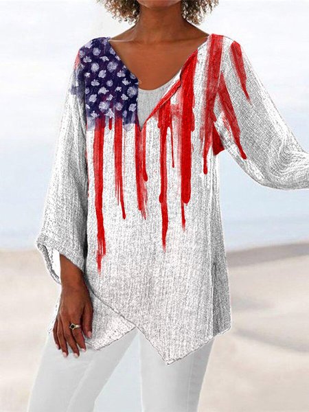 

Casual Cotton-Blend Flag Tops, White, T-Shirts