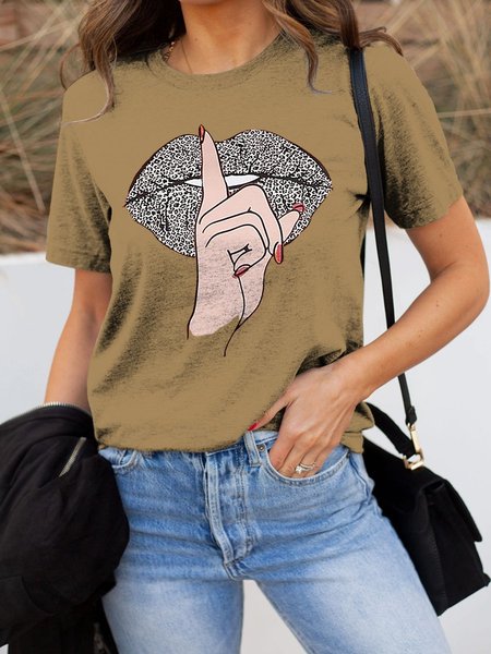 

Hush Leopard Print Sexy Mouth Graphic Tee, Khaki, T-shirts