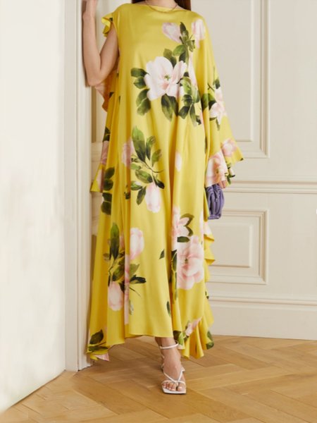 

Long Sleeve Crew Neck Floral Holiday Maxi Dress, Yellow, Maxi Dresses