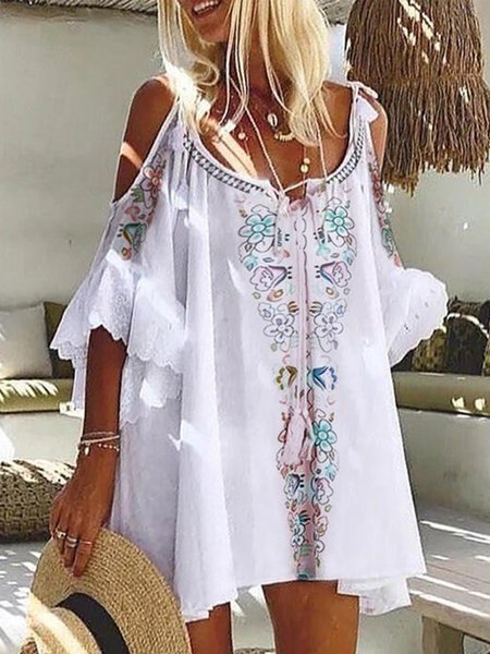 

Vintage 3/4 Manica Geometrico Stampata Floreale taglia grande Casuale Vacanza Abito, Bianco, Dresses