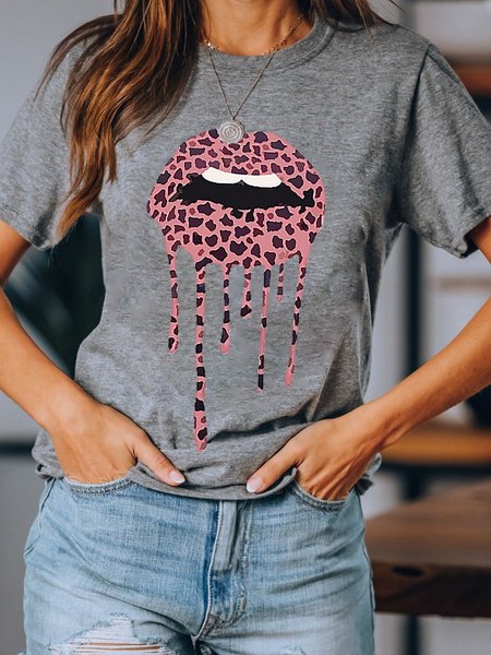 

Pink Leopard Print Sexy Mouth Graphic Tee, Gray, T-shirts