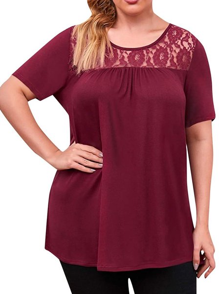 

four-color a-line short sleeve lace paneled Tops, Red, T-Shirts