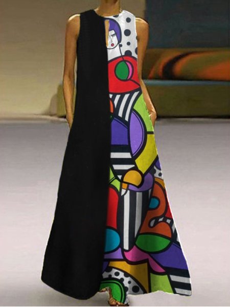 

Sleeveless Printed Weaving Dress, Black, Casual Dresses
