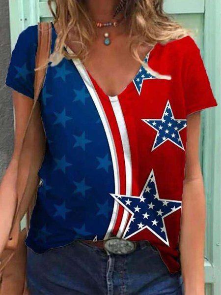 

Star Printed V Neck Casual Shift Abestract T-Shirt Top, Blue red, T-shirts
