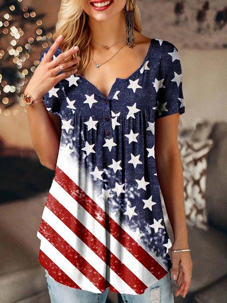 

Short Sleeve Flag Cotton-Blend Crew Neck Tops, As picture, T-Shirts