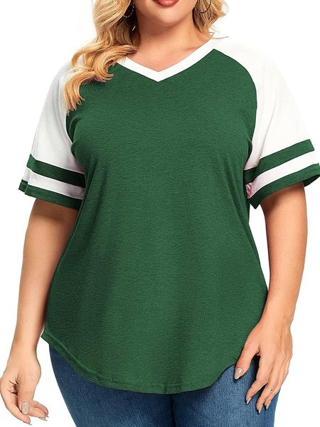 

A-Line Short Sleeve Casual V Neck Tops, Green, T-Shirts