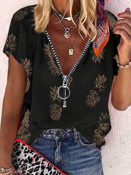 

Vintage Maniche Corte Cerniera Scollo a V ananas Stampato taglia grande Casuale Top, Nero, Blouses & Shirts