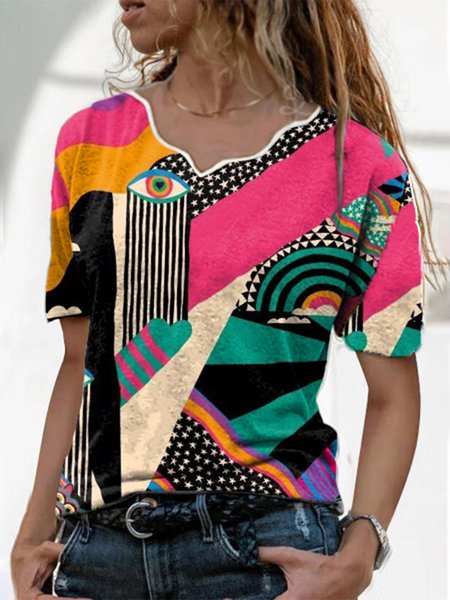 

Short Sleeve V Neck Casual T-shirt, Multicolor, T-Shirts