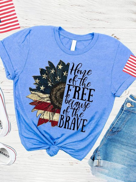 

Home of The Free Because of the Brave American Sunflower Flag Tee, Blue, T-shirts