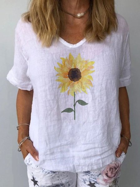 

Girasole Stampato Floreale Vacanza Scollo a V Dritto Top, Bianco, Blouses & Shirts
