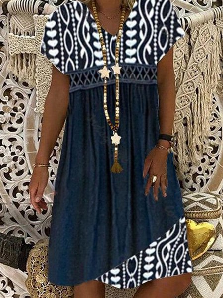

Misto Cotone Scollo a V Gonna Casuale, Blu marino, Midi Dresses