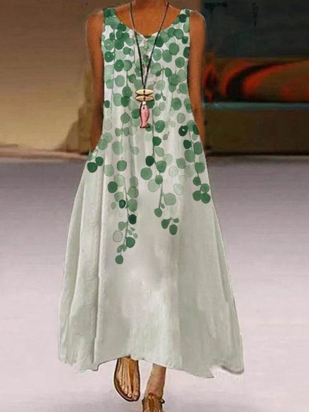 

Floral Leaves Printed Casual Crew Neck Weaving Dress, Green, Casual Dresses