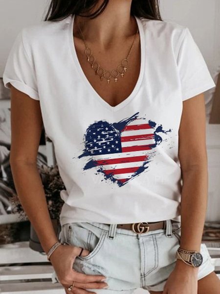 

Printed V neck Short Sleeve Casual Shirts & Tops, White, Printed T-shirts