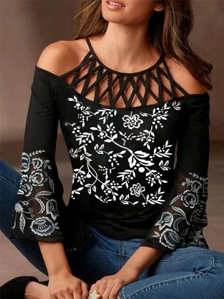 

Vintage 3/4 Sleeve Geometric Floral Printed Cutout Plus Size Casual Tops, Black, Blouses & Shirts