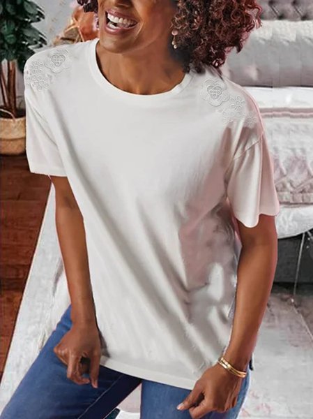 

Maniche Corte Casuale Girocollo Top, Bianco, Tops