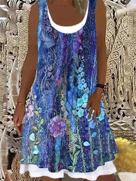 

Vintage senza maniche Stampata Floreale U Collo taglia grande Gonna Casuale, Blu, Dresses