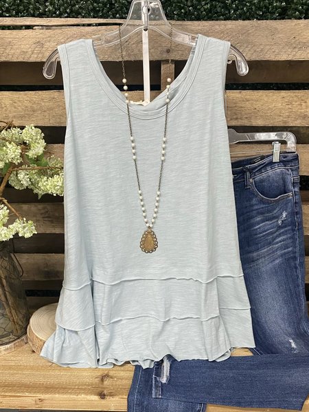 

Casual Crew Neck Sleeveless Cotton Tops, Light blue, Tops
