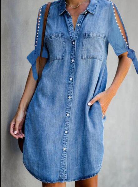 

Casual Shirt Collar Dresses, Blue, Dresses