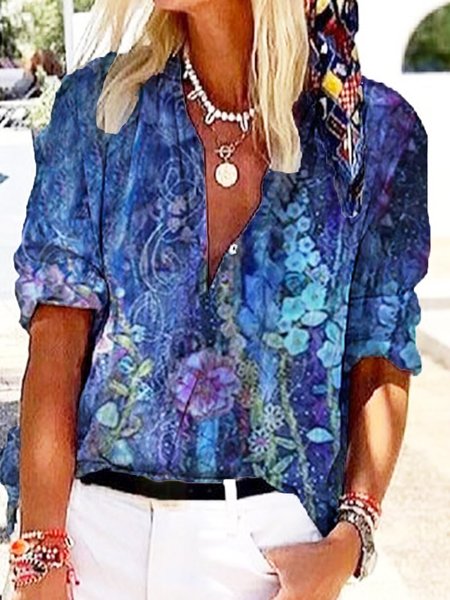 

Vintage 3/4 Manica Stampata Floreale Scollo a V Casuale Top, Blu, Blouses & Shirts