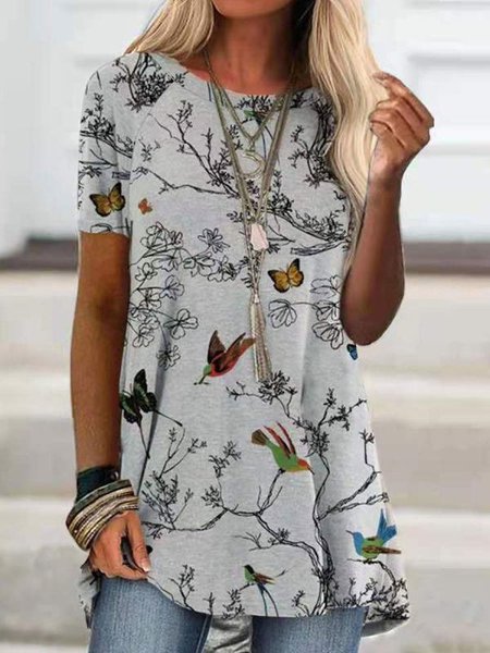 

Round Neck Flower And Bird Print Loose Short-sleeved T-shirt, Gray, Tees & T-shirts