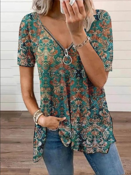 

Paisley Maniche Corte Stampato Misto Cotone Scollo a V Vacanza Estate verde Superiore, Blouses & Shirts