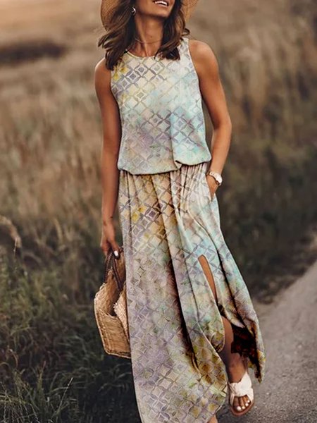 

Tribal Holiday Paneled Sleeveless Weaving Dress, Multicolor, Maxi Dresses