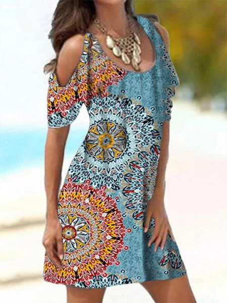 

Abito Maniche Corte Misto Cotone Girocollo Bohemian Stampato Vacanza, Blu, Dresses