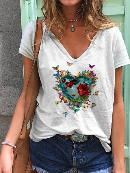 Cotton Blend Casual Butterfly V Neck T shirt
