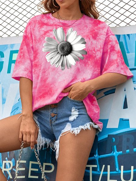 Grey Daisy Women's Tie-dyed Oversized T-Shirt, Rose red, T-shirts