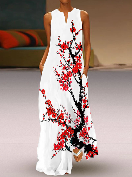 

Scollo a V Floreale senza maniche Casuale Vacanza Abito, Bianco, Casual Dresses