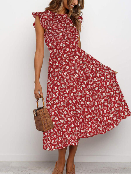 

senza maniche Girocollo Stampato Floreale Bohemian Vacanza Abito, Rosso, Dresses