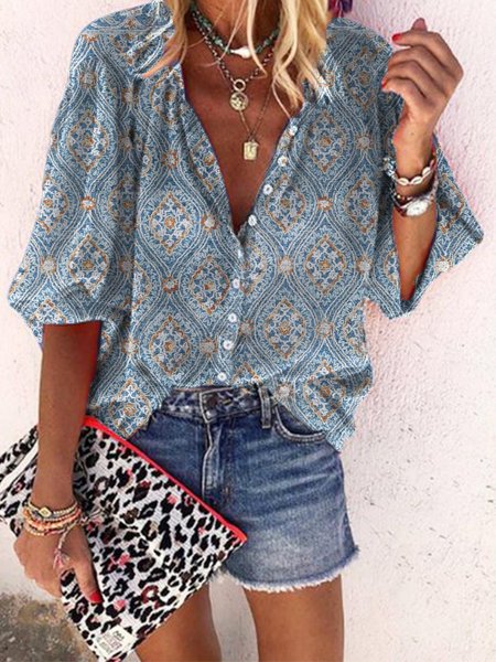 

Vacanza Mezza Manica Tribale Top, Blu, Blouses & Shirts