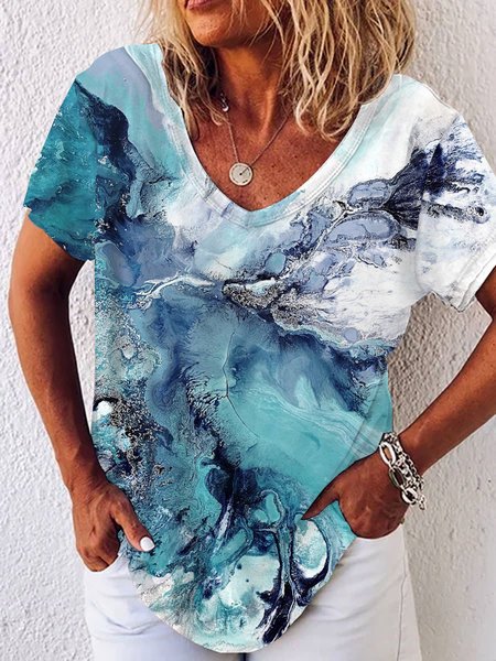 

Mare Casuale Stampato Floreale Maniche Corte Top, Blu, T-Shirts