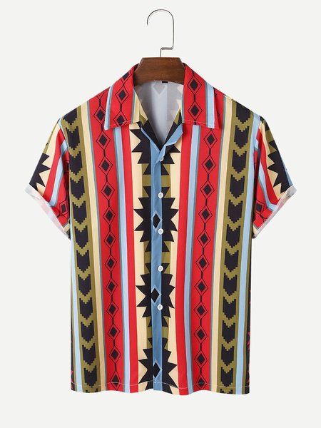 

Mens Geometry Pattern Striped Lapel Short Sleeve Shirt, Red, Men's Floral shirt